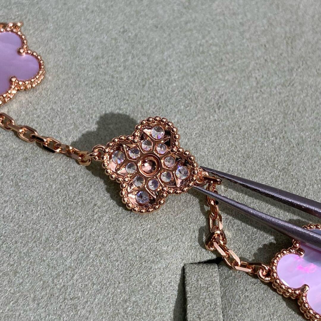 [Elowen Jewels]CLOVER 10 MOTIFS DIAMOND PINK MOP NECKLACE