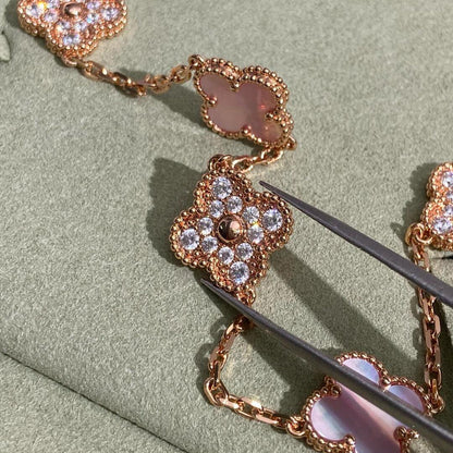 [Elowen Jewels]CLOVER 10 MOTIFS DIAMOND PINK MOP NECKLACE
