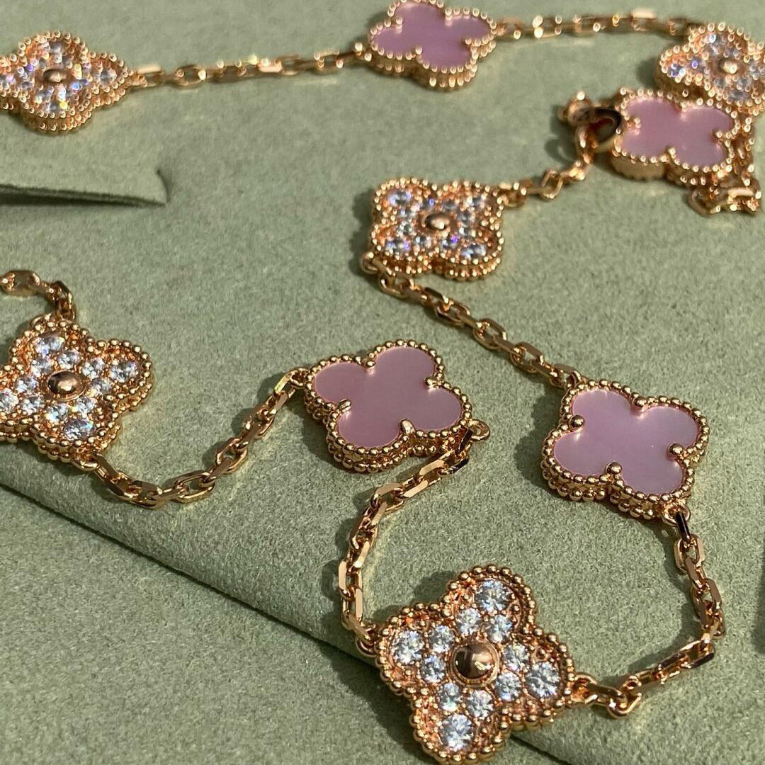 [Elowen Jewels]CLOVER 10 MOTIFS DIAMOND PINK MOP NECKLACE