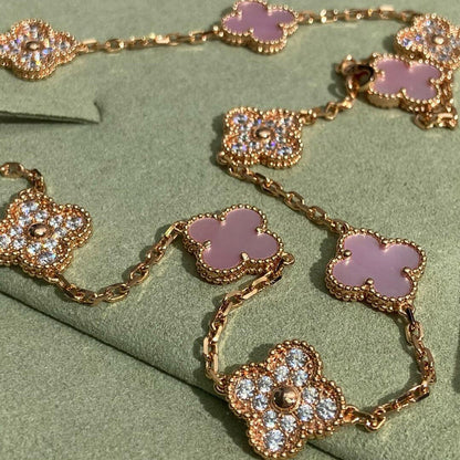 [Elowen Jewels]CLOVER 10 MOTIFS DIAMOND PINK MOP NECKLACE