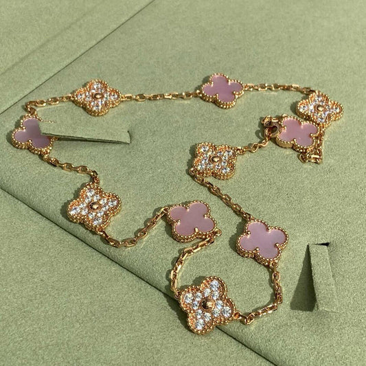 [Elowen Jewels]CLOVER 10 MOTIFS DIAMOND PINK MOP NECKLACE