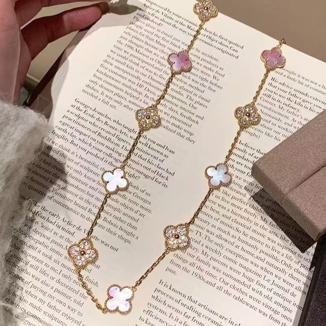 [Elowen Jewels]CLOVER 20 MOTIFS DIAMOND PINK MOP NECKLACE