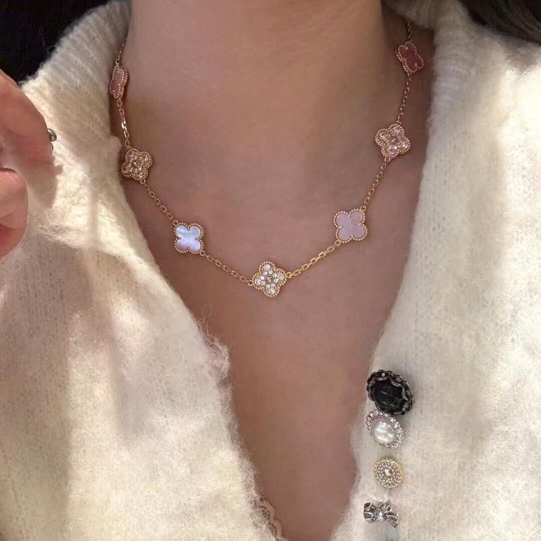 [Elowen Jewels]CLOVER 10 MOTIFS DIAMOND PINK MOP NECKLACE