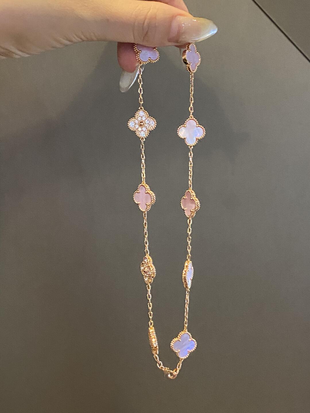 [Elowen Jewels]CLOVER 10 MOTIFS DIAMOND PINK MOP NECKLACE