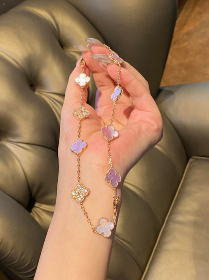 [Elowen Jewels]CLOVER 10 MOTIFS DIAMOND PINK MOP NECKLACE