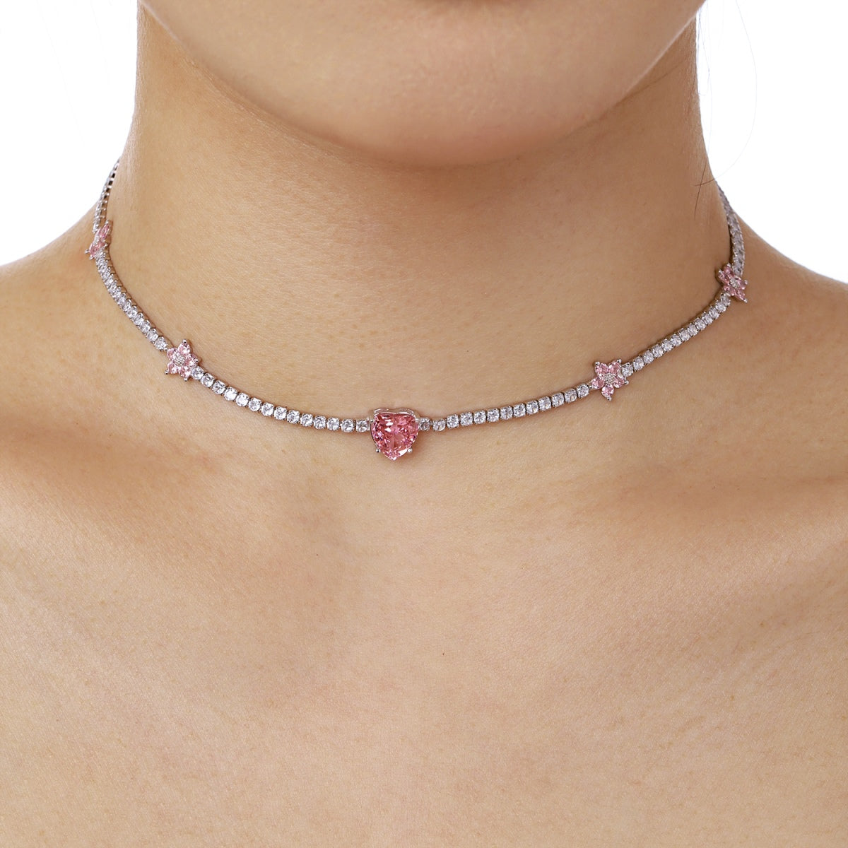 [Elowen Jewels]Dazzling Pink Heart Flower Necklace