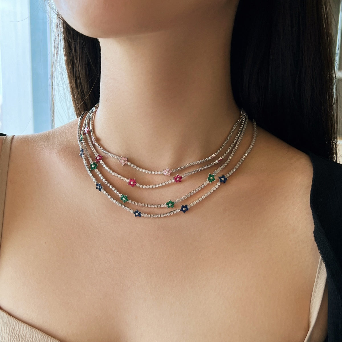 [Elowen Jewels]Luxurious Colorful Flower Tennis Necklace