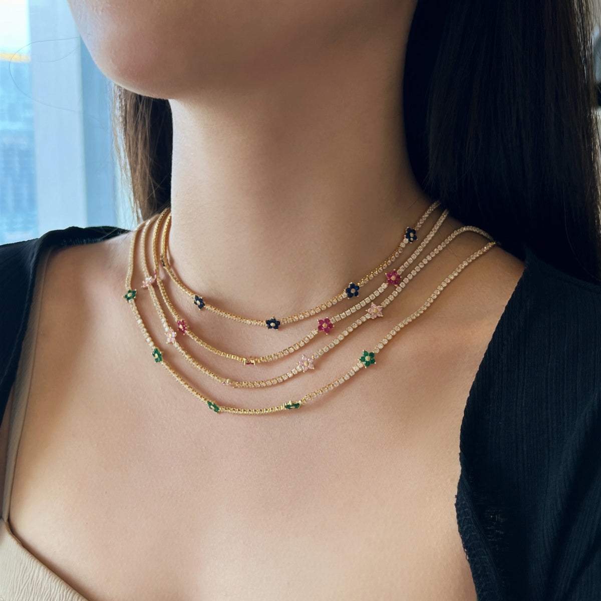 [Elowen Jewels]Luxurious Colorful Flower Tennis Necklace