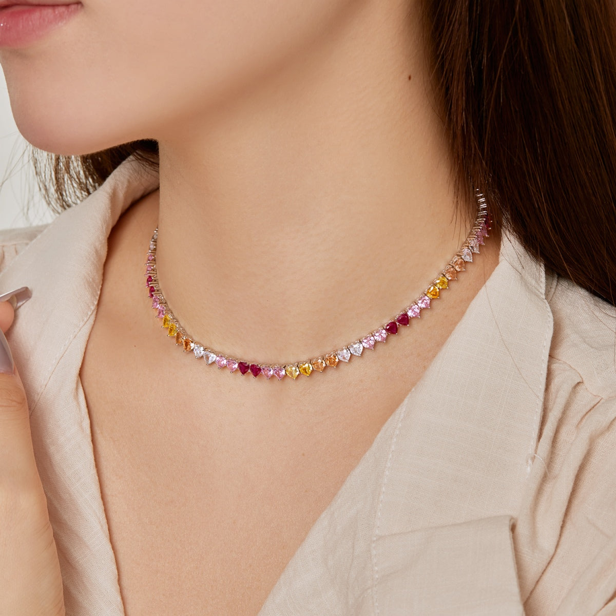 [Elowen Jewels]Sparkling Colorful Full Heart Tennis Necklace