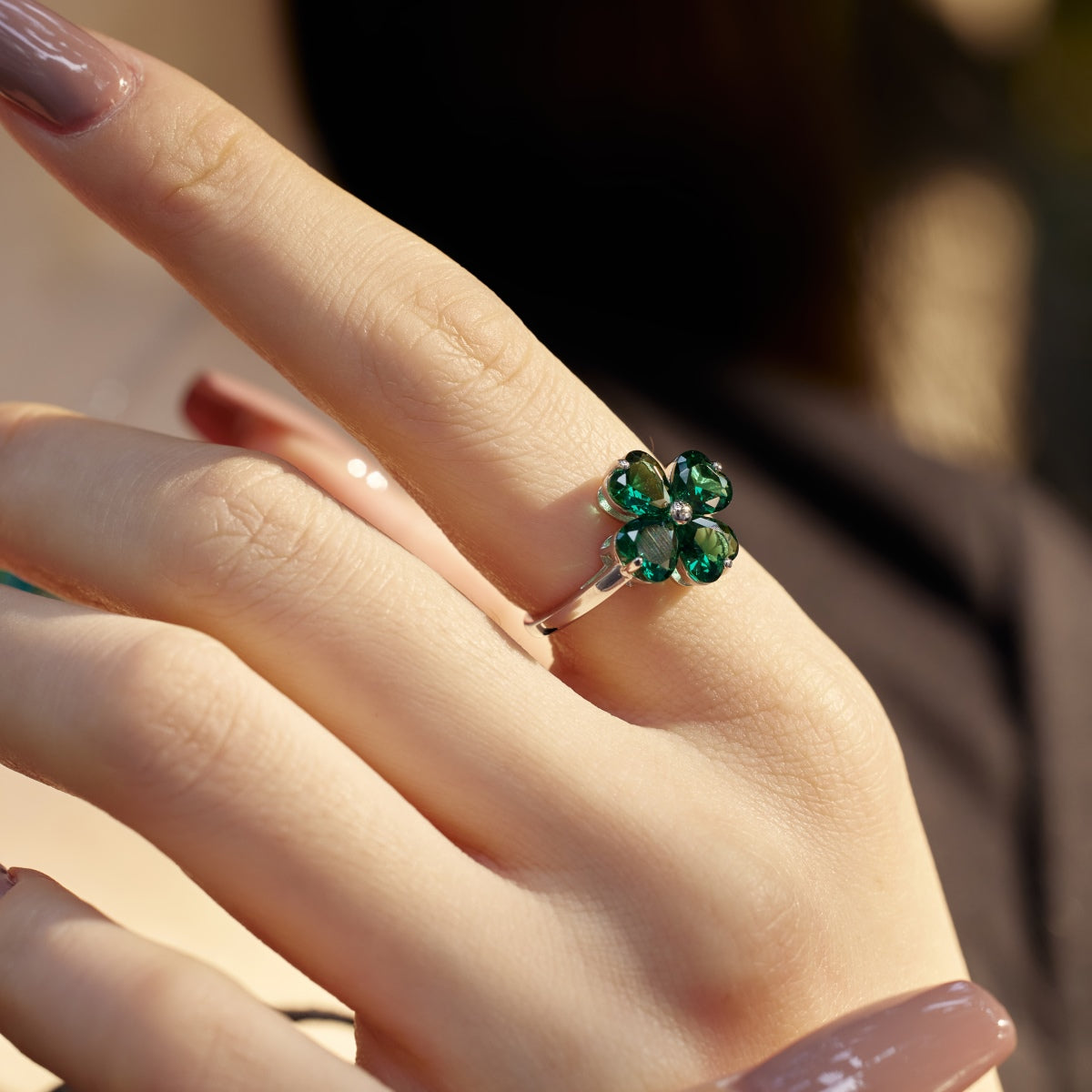 [Elowen Jewels]Heart-shaped Four-Leaf Clover Ball Ring