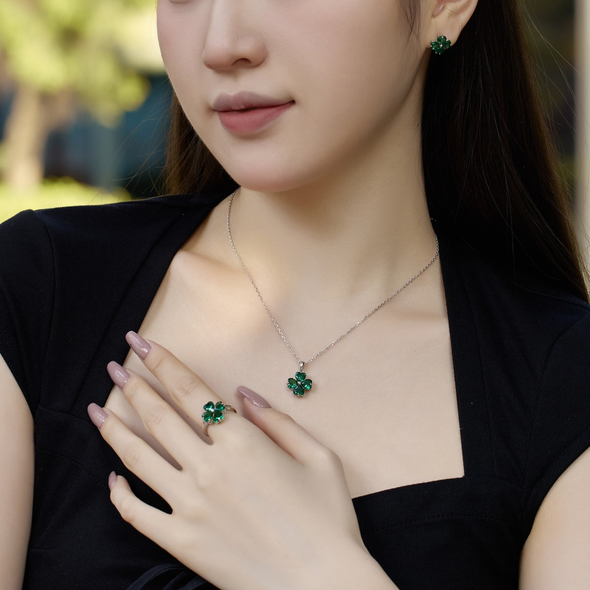 [Elowen Jewels]Heart-shaped Four-Leaf Clover Ball Ring