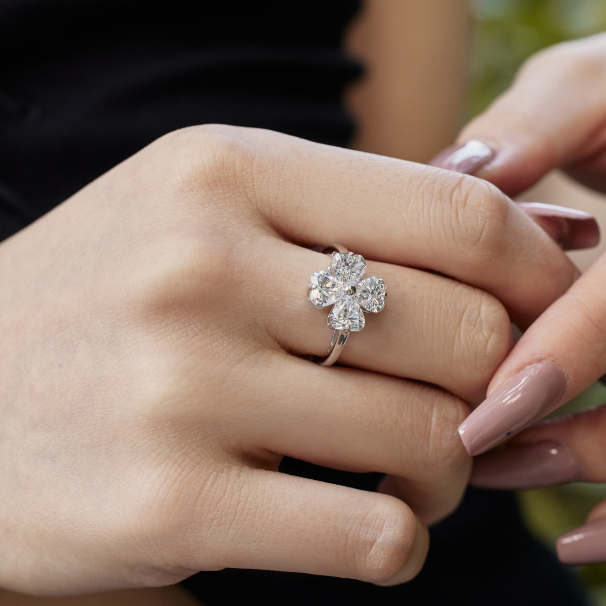 [Elowen Jewels]Heart-shaped Four-Leaf Clover Ball Ring