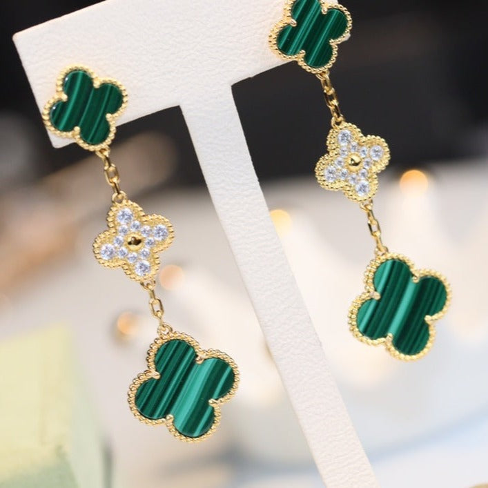 [Elowen Jewels]CLOVER EARRINGS GOLD MALACHITE DIAMOND 3 MOTIF