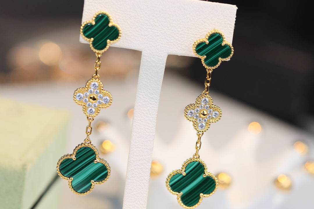 [Elowen Jewels]CLOVER EARRINGS GOLD MALACHITE DIAMOND 3 MOTIF