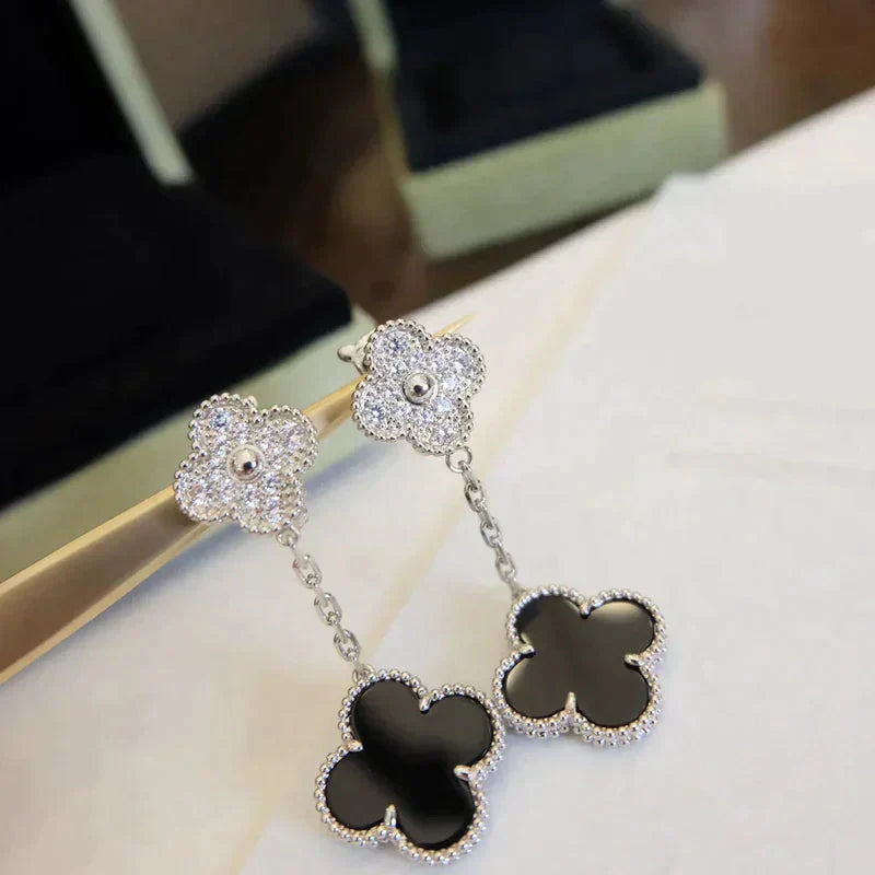 [Elowen Jewels]CLOVER 2 MOTIFS  DIAMOND ONYX EARRINGS SILVER