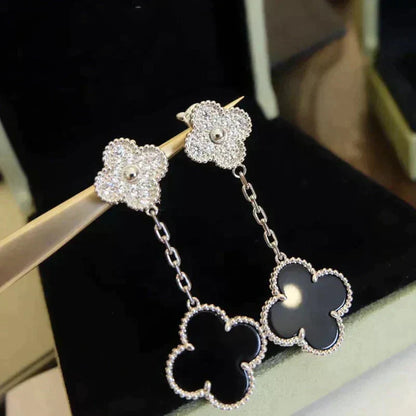 [Elowen Jewels]CLOVER 2 MOTIFS  DIAMOND ONYX EARRINGS SILVER