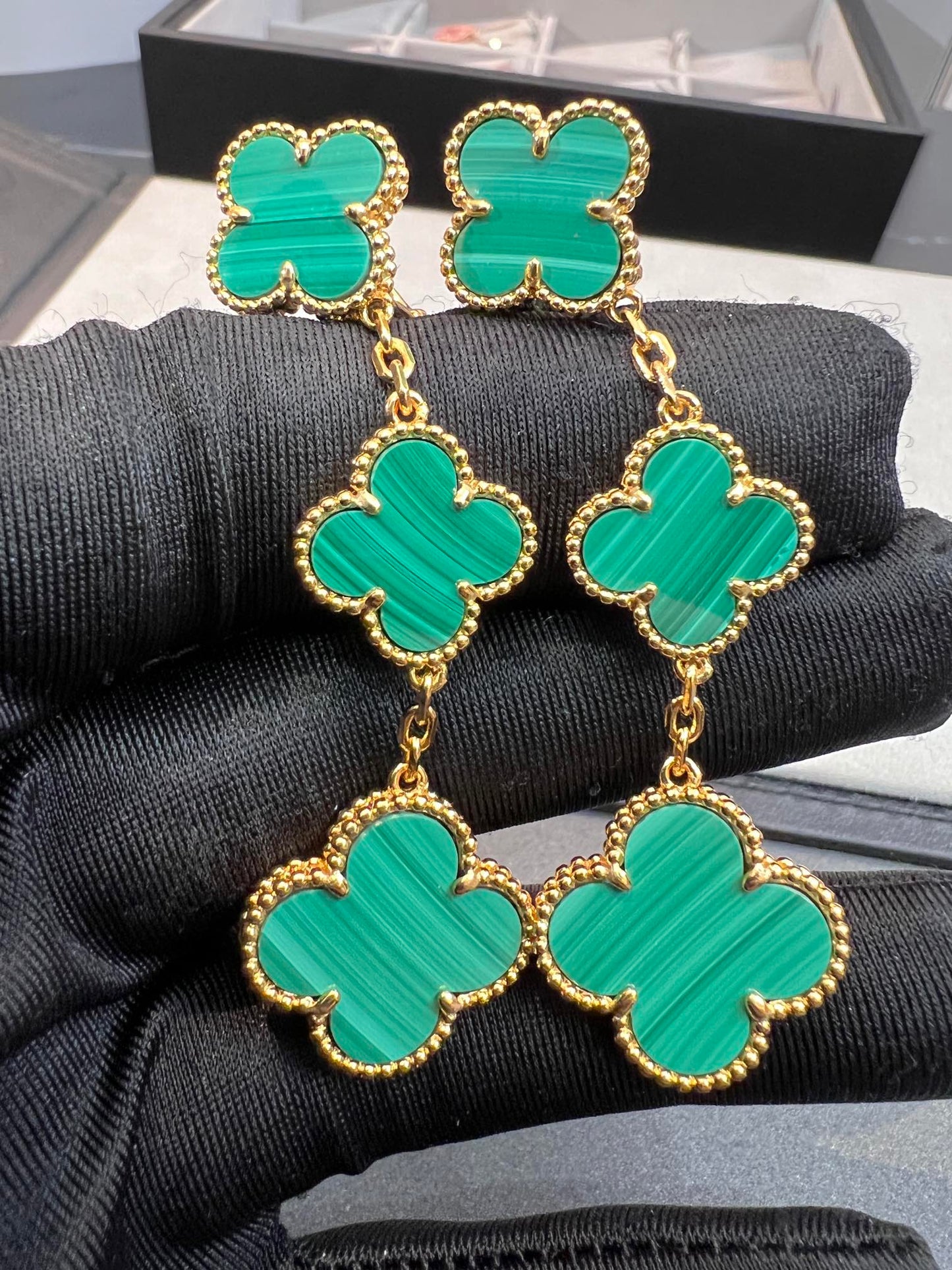 [Elowen Jewels]CLOVER MALACHITE 3 MOTIFS GOLD
