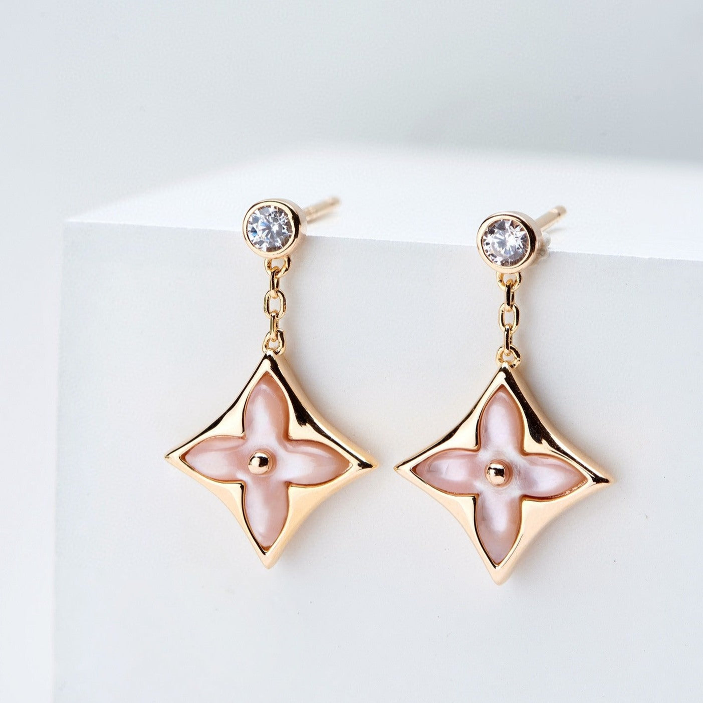 [Elowen Jewels]DOUBLE STAR PINK GOLD MOP DROP EARRINGS