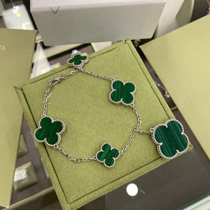 [Elowen Jewels]CLOVER 5 MOTIFS SIVLER MALACHITE BRACELET