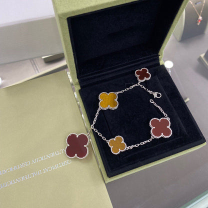[Elowen Jewels]CLOVER 5 MOTIFS SIVLER CARNELIAN TIGER EYE BRACELET