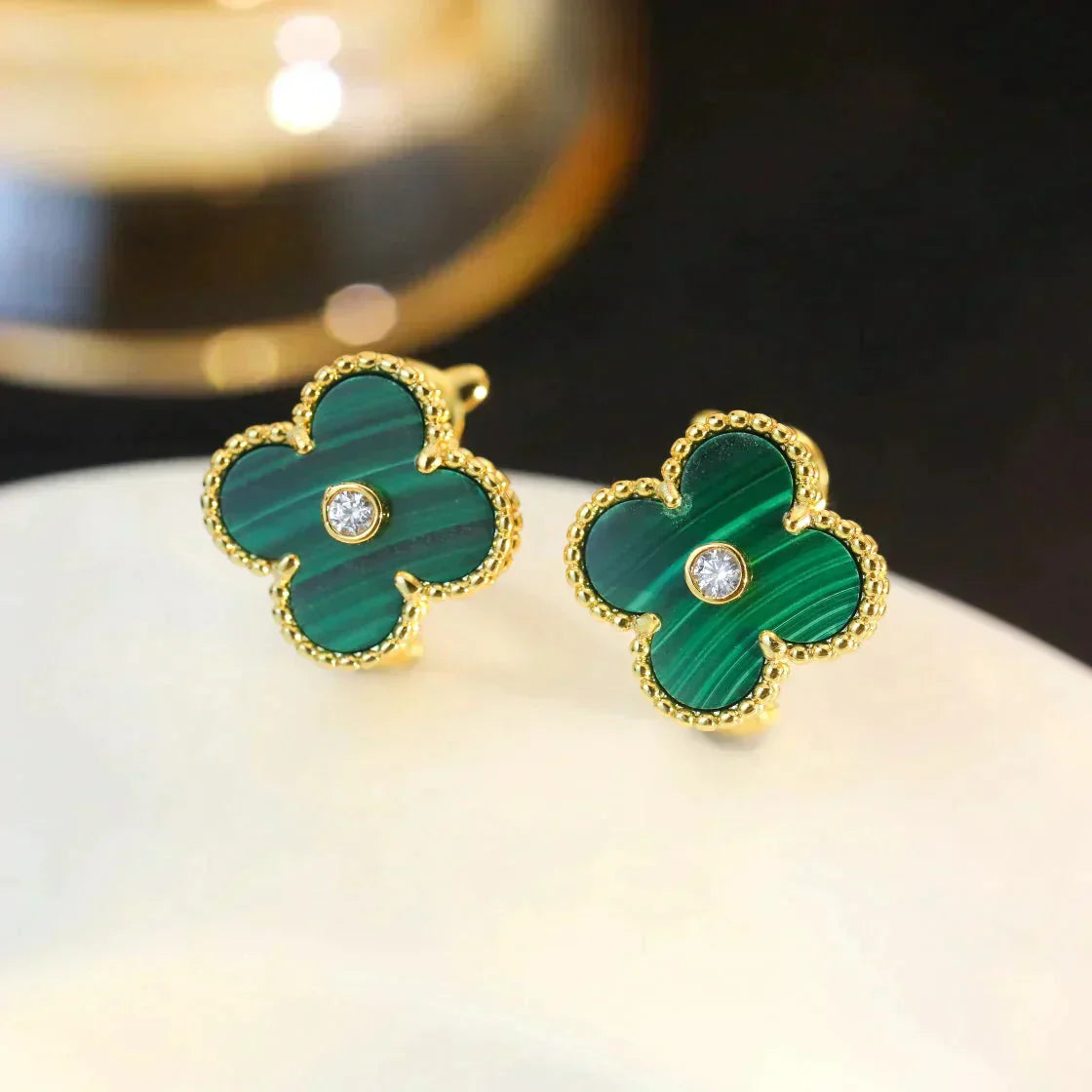 [Elowen Jewels]CLOVER MEDIUM 1 MOTIFS MALACHITE DIAMOND EARRINGS