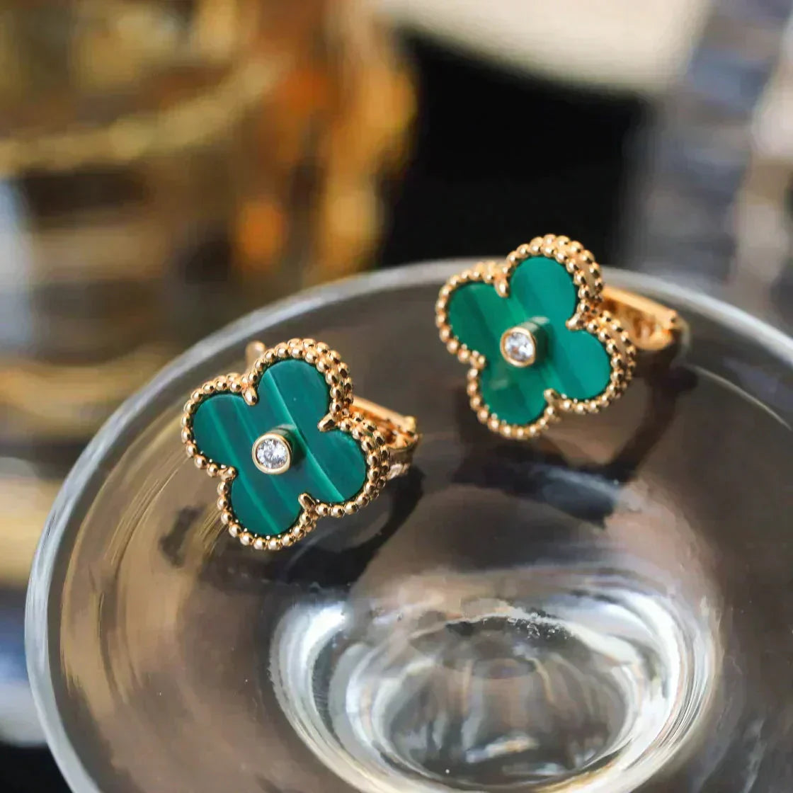 [Elowen Jewels]CLOVER MEDIUM 1 MOTIFS MALACHITE DIAMOND EARRINGS