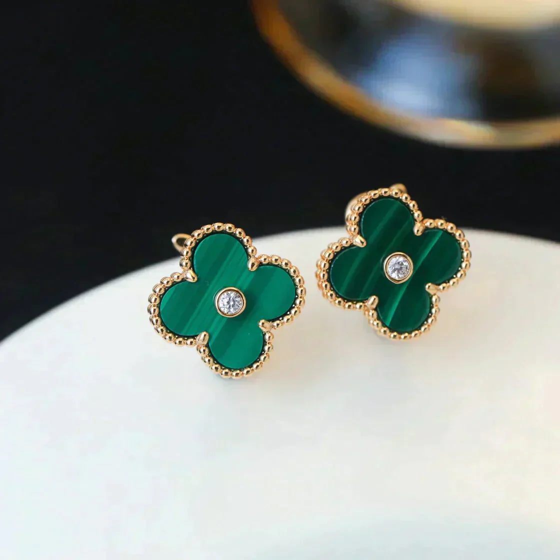 [Elowen Jewels]CLOVER MEDIUM 1 MOTIFS MALACHITE DIAMOND EARRINGS
