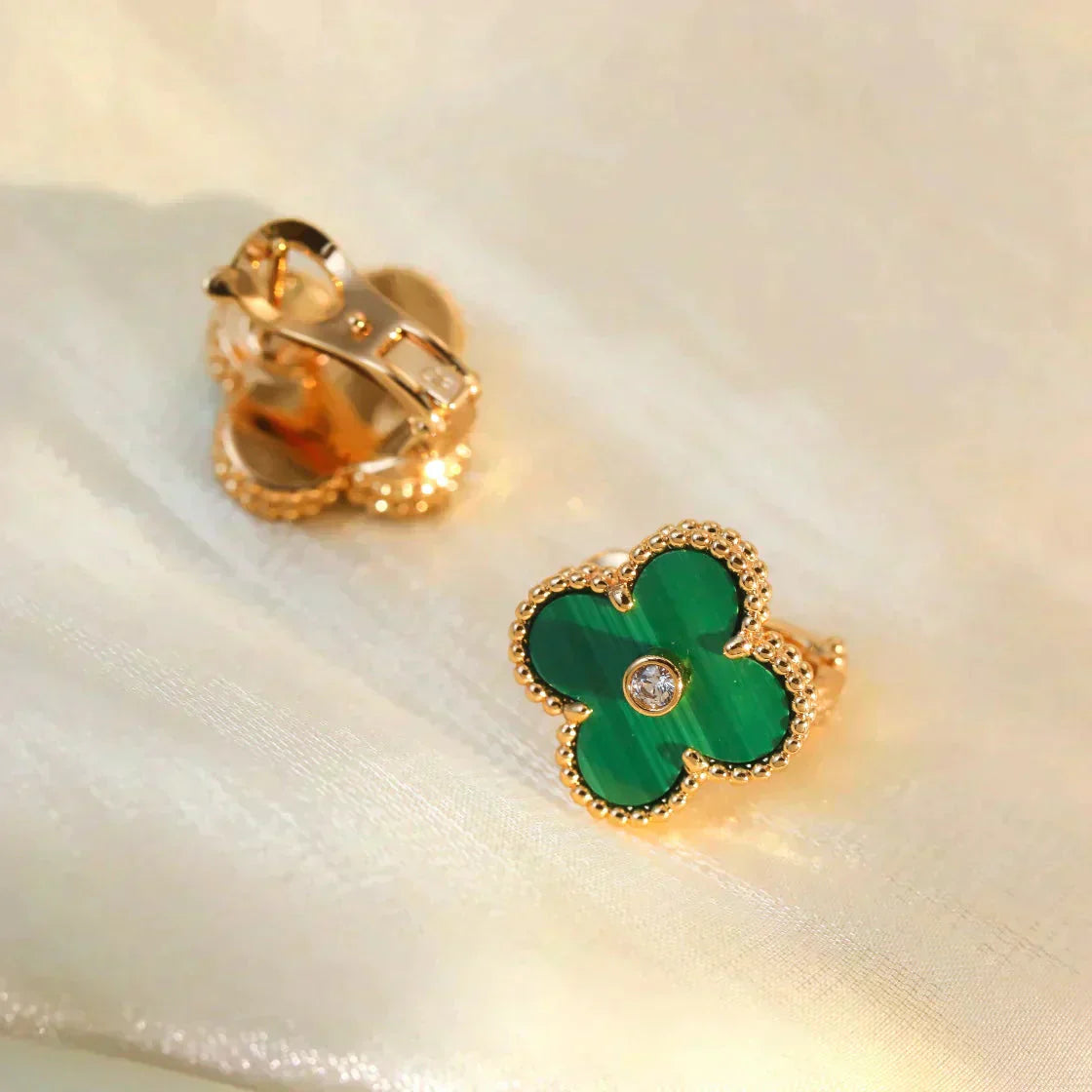 [Elowen Jewels]CLOVER MEDIUM 1 MOTIFS MALACHITE DIAMOND EARRINGS