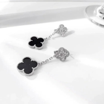 [Elowen Jewels]CLOVER 2 MOTIFS  DIAMOND ONYX EARRINGS SILVER