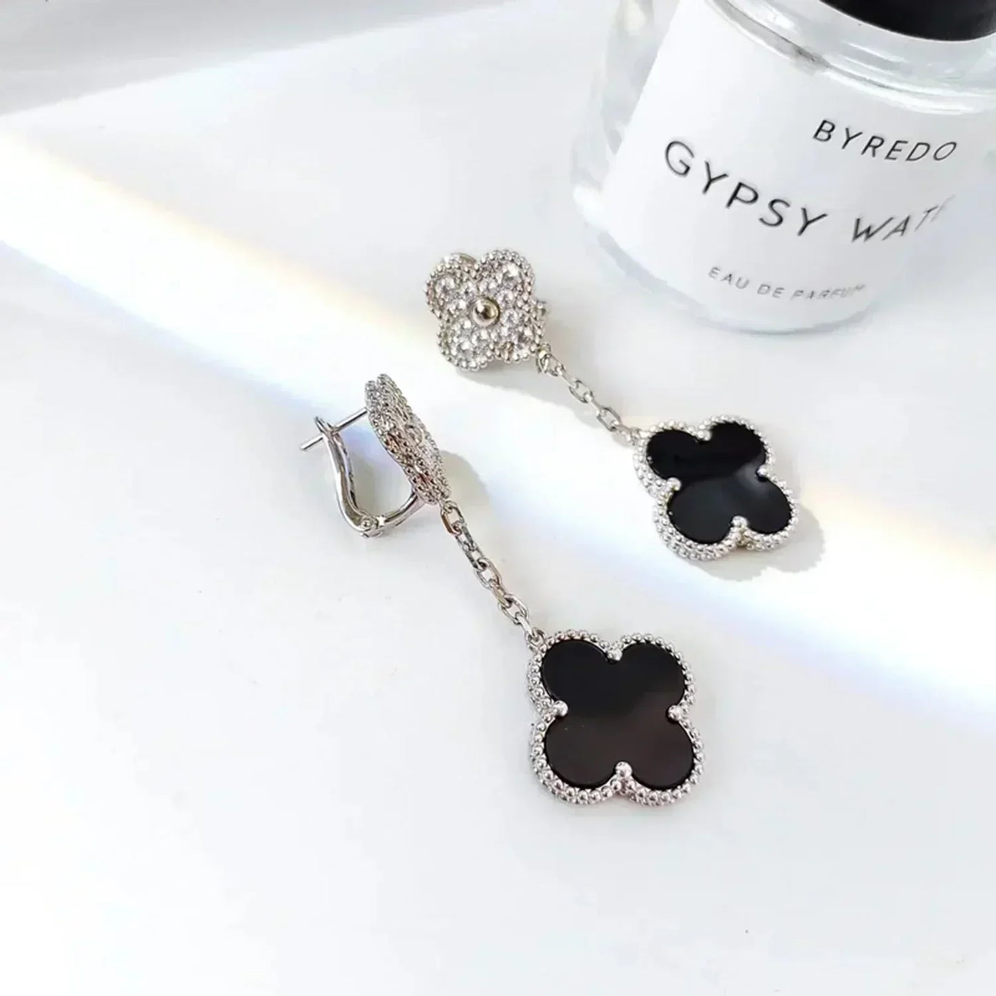 [Elowen Jewels]CLOVER 2 MOTIFS  DIAMOND ONYX EARRINGS SILVER