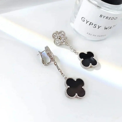 [Elowen Jewels]CLOVER 2 MOTIFS  DIAMOND ONYX EARRINGS SILVER