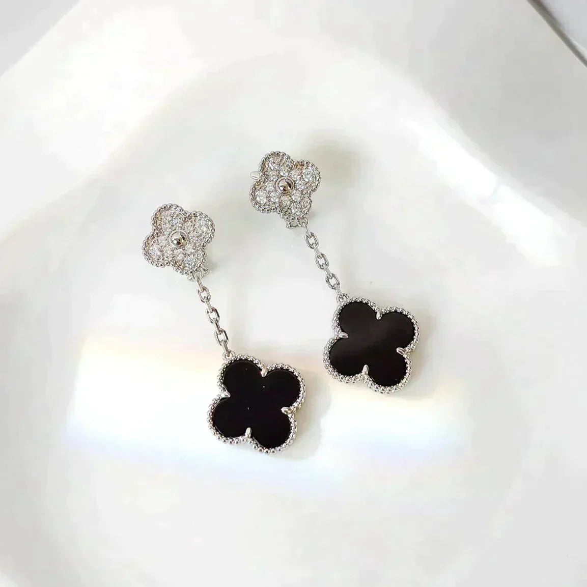 [Elowen Jewels]CLOVER 2 MOTIFS  DIAMOND ONYX EARRINGS SILVER