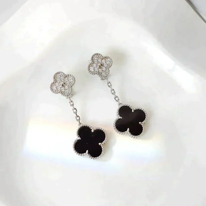 [Elowen Jewels]CLOVER 2 MOTIFS  DIAMOND ONYX EARRINGS SILVER