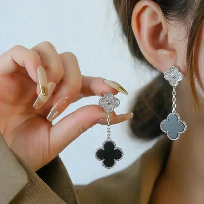 [Elowen Jewels]CLOVER 2 MOTIFS  DIAMOND ONYX EARRINGS SILVER