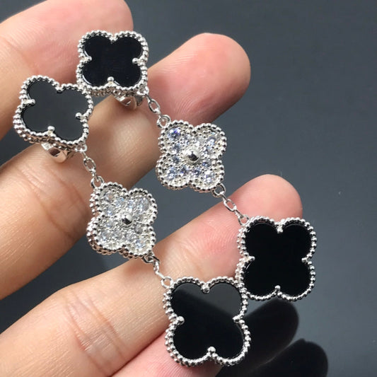 [Elowen Jewels]CLOVER 3 MOTIF DIAMOND ONYX SILVER EARRINGS