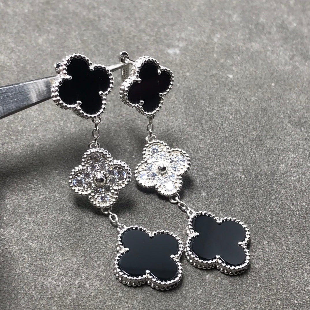 [Elowen Jewels]CLOVER 3 MOTIF DIAMOND ONYX SILVER EARRINGS