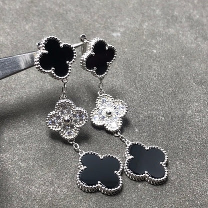 [Elowen Jewels]CLOVER 3 MOTIF DIAMOND ONYX SILVER EARRINGS