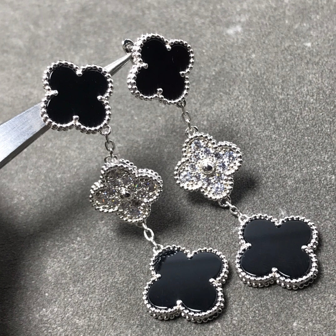 [Elowen Jewels]CLOVER 3 MOTIF DIAMOND ONYX SILVER EARRINGS