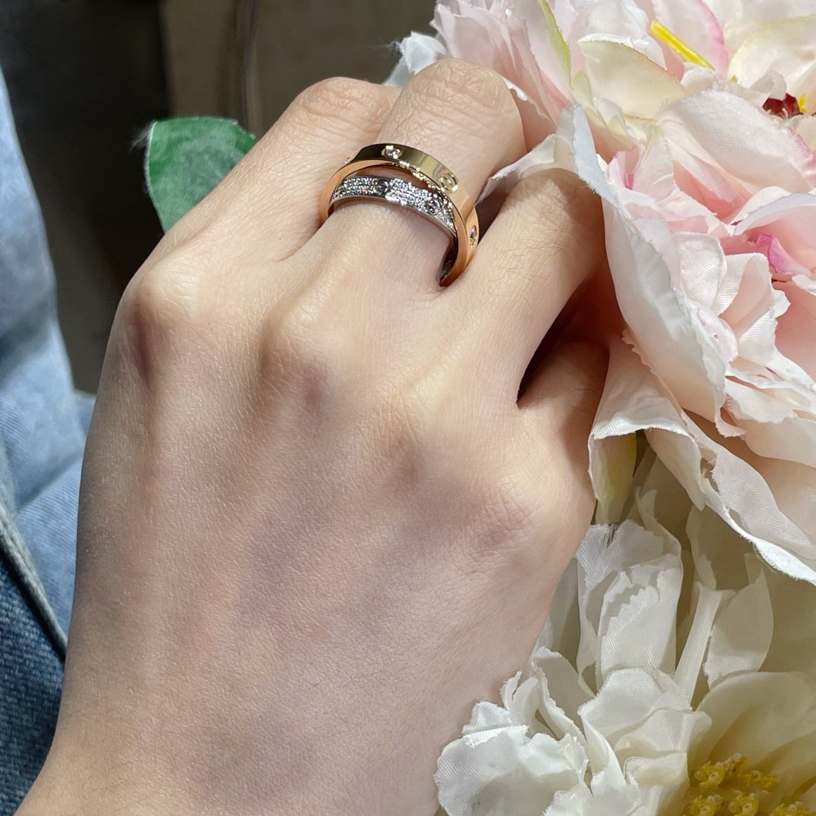 [Elowen Jewels]LOVE PINK GOLD SILVER DIAMOND DOUBLE RING