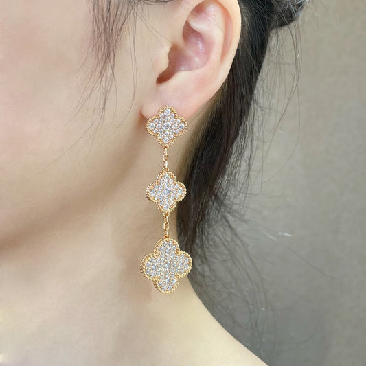 [Elowen Jewels]CLOVER 3 MOTIFS DIAMOND PAVED ROSE GOLD EARRINGS