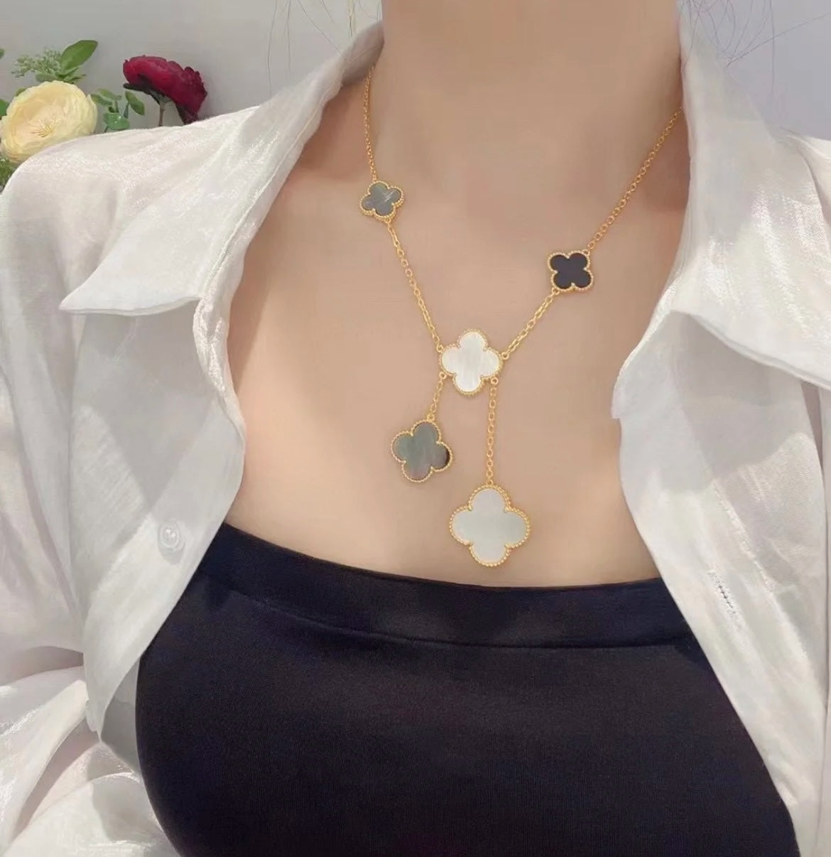 [Elowen Jewels]CLOVER 6 MOTIF MOP ONYX GOLD NECKLACE