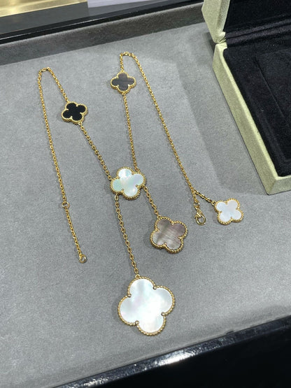 [Elowen Jewels]CLOVER 6 MOTIF MOP ONYX GOLD NECKLACE