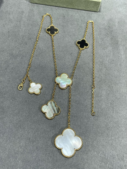 [Elowen Jewels]CLOVER 6 MOTIF MOP ONYX GOLD NECKLACE
