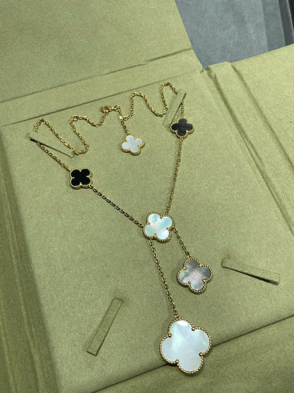 [Elowen Jewels]CLOVER 6 MOTIF MOP ONYX GOLD NECKLACE