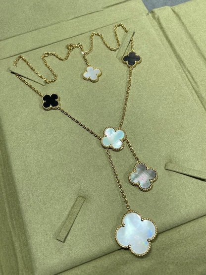 [Elowen Jewels]CLOVER 6 MOTIF MOP ONYX GOLD NECKLACE