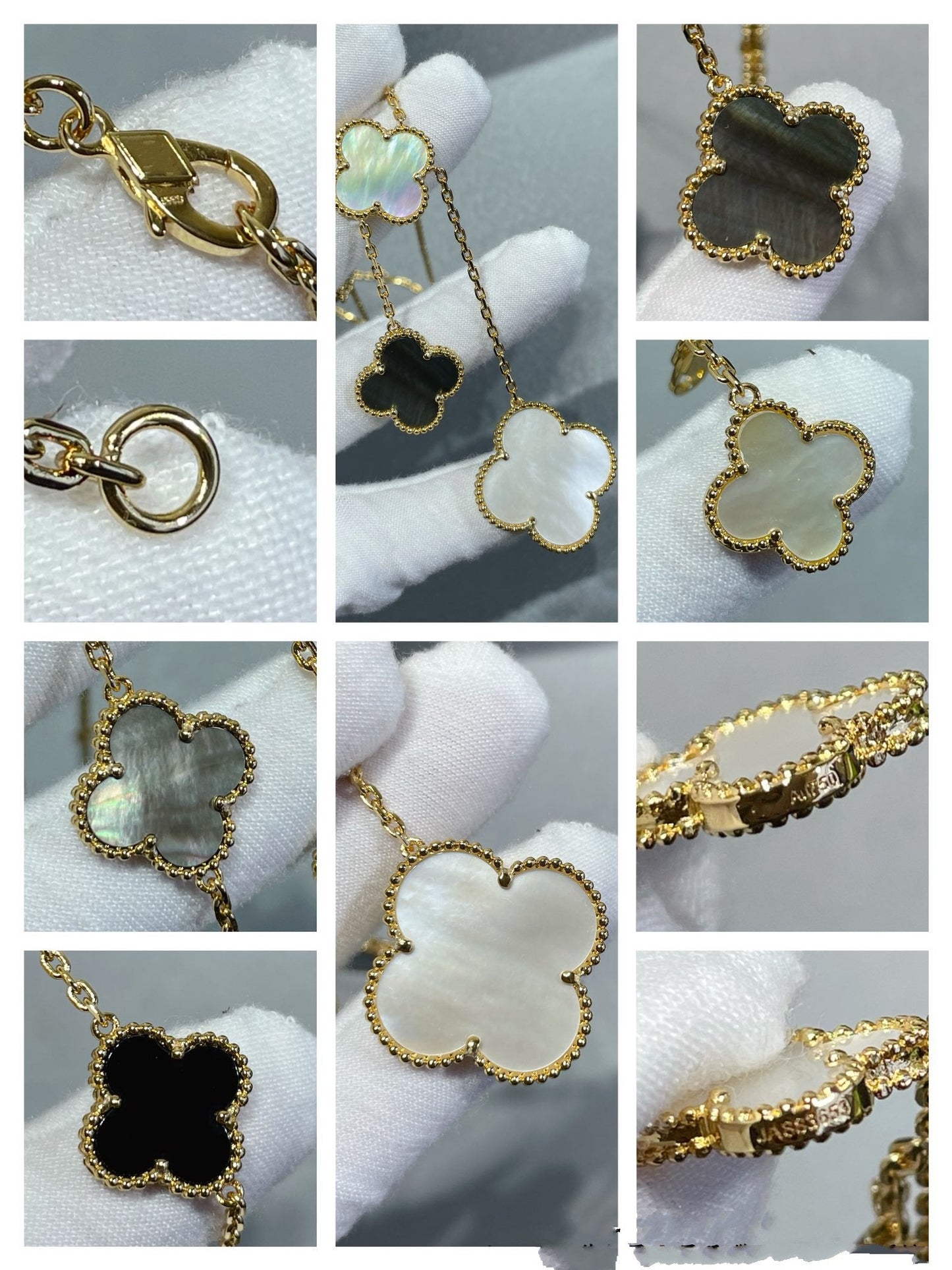 [Elowen Jewels]CLOVER 6 MOTIF MOP ONYX GOLD NECKLACE