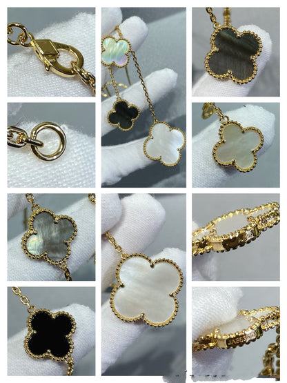 [Elowen Jewels]CLOVER 6 MOTIF MOP ONYX GOLD NECKLACE