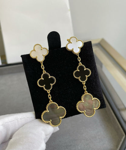 [Elowen Jewels]CLOVER 3 MOTIF MOP ONYX DARK MOP PINK GOLD EARRINGS
