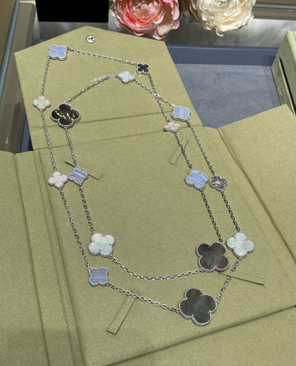 [Elowen Jewels]CLOVER 16 MOTIF CHALCEDONY MOP SILVER NECKLACE