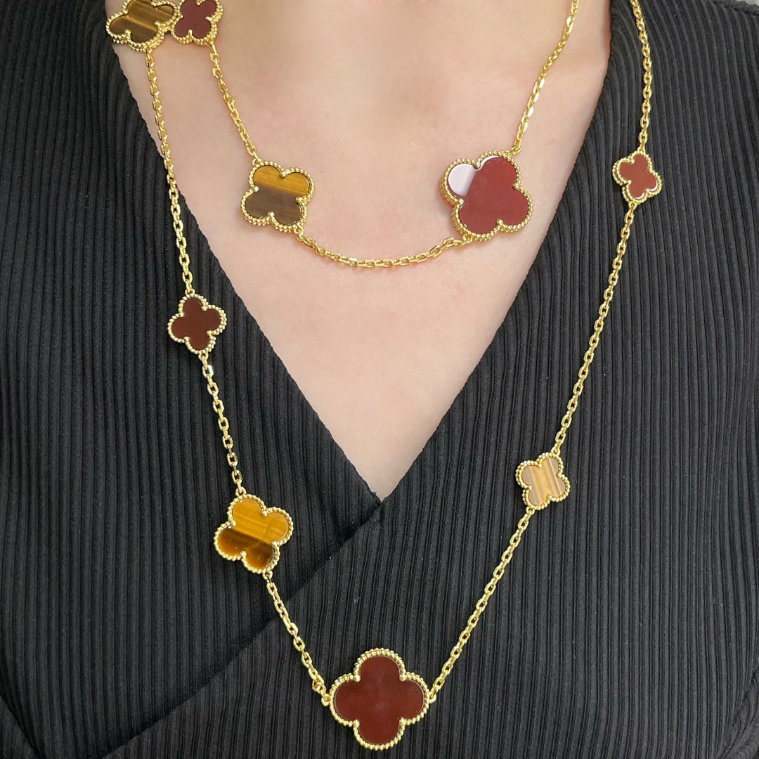 [Elowen Jewels]CLOVER 16 MOTIF CARNELIAN TIGER EYE ROSE GOLD NECKLACE